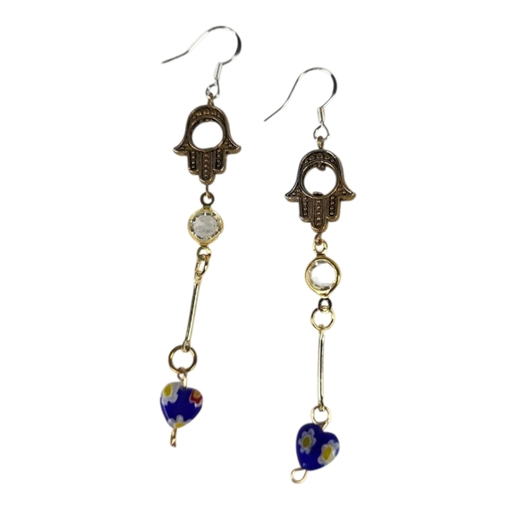 14k Gold Plated Blue Millefiori Lampwork Glass Heart Hamsa Hand Dangle Earrings - Picture 2 of 2